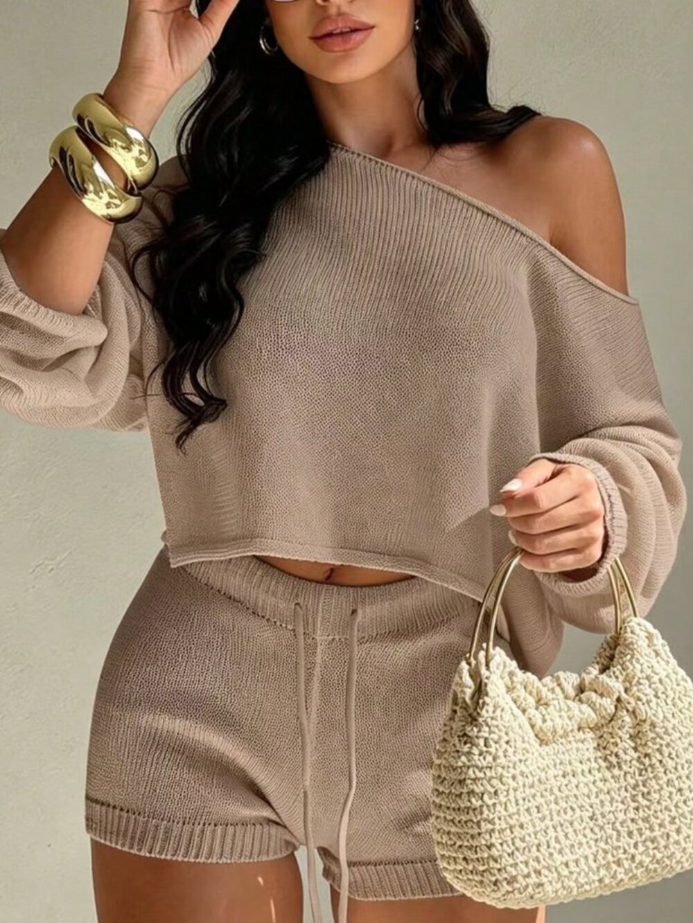 Khaki Elegant Vacation Women's Slanted Collar Top and Shorts Set - Picture 5 of 6